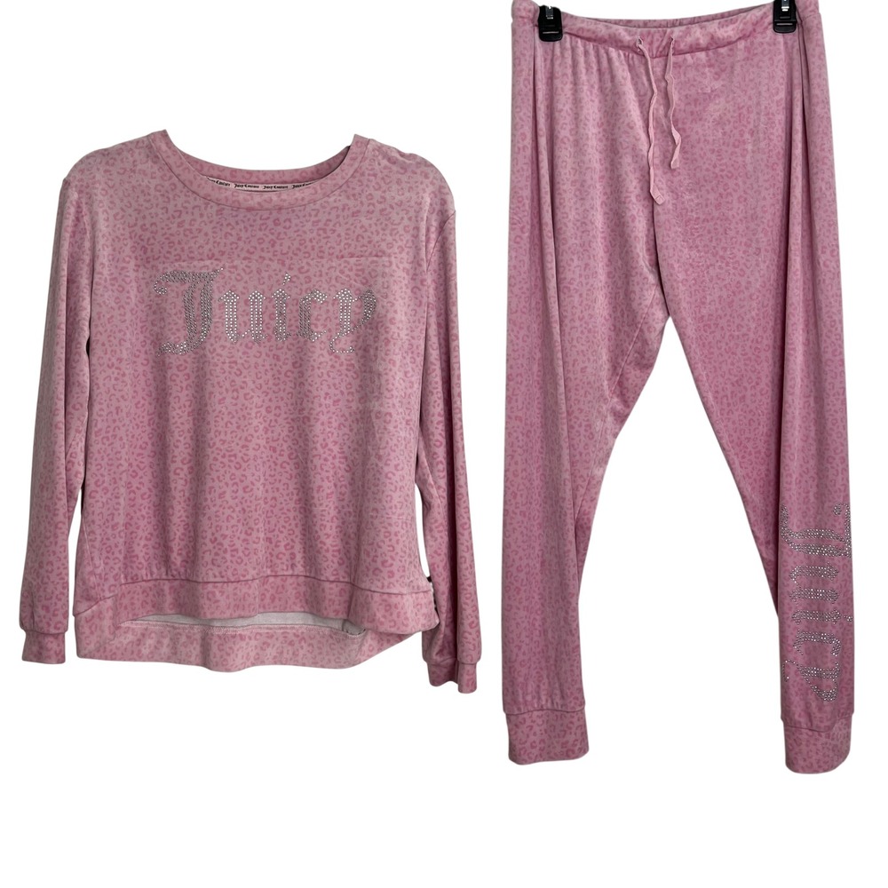 Y2K‎ Juicy Couture Pink Leopard Print Velour Rhinestone Jogger Sweat Set L